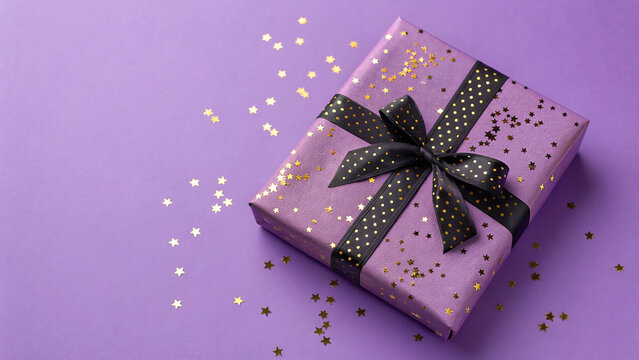 Beautifully wrapped purple gift box with black ribbon and gold stars scattered around on a purple surface - Powered by Adobe