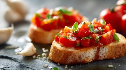 Toasted bread slices topped with fresh diced tomatoes and basil served on a dark slate surface