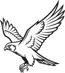  black line art illustration of a falcon or hawk in flight. Predator bird.