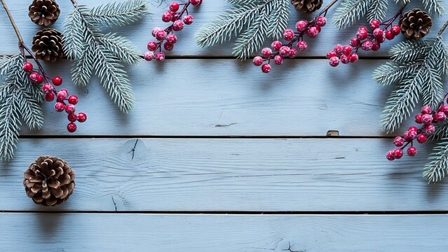 Festive christmas evergreen branches with red berries and pine cones on a rustic blue wooden background - Powered by Adobe