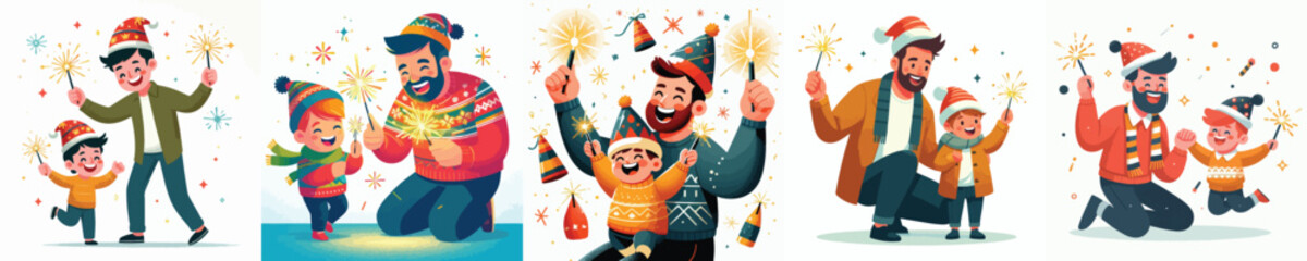 vector father and son playing fireworks new year celebration