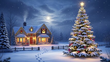 Cozy snow covered cottage with illuminated christmas tree under a starry winter night sky