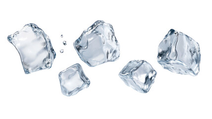 Obraz premium Five uniquely shaped ice pieces falling in mid-air overhead on transparent background