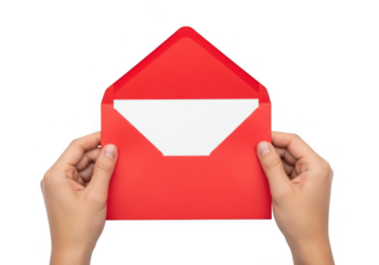 Human hands holding an open vibrant red envelope revealing a blank white card, perfect for any message or invitation.