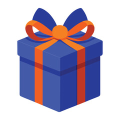 Blue present box with a red ribbon and decorative bow isolated on a white background for birthday, Christmas, or anniversary celebration surprise