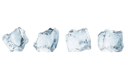 Five uniquely shaped ice pieces falling in mid-air overhead on transparent background