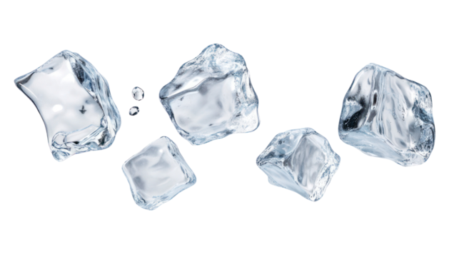 Five uniquely shaped ice pieces falling in mid-air overhead on transparent background