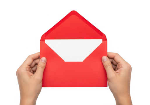 Human hands holding an open vibrant red envelope revealing a blank white card, perfect for any message or invitation.