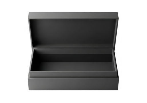 Open empty grey rectangular gift or storage box with lid slightly ajar, clean minimalist design 3d render isolated.