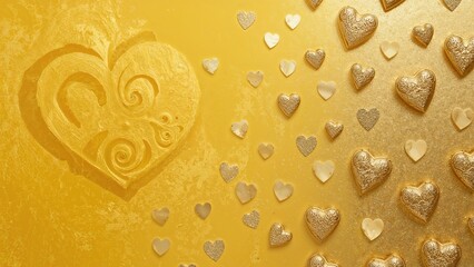 Gold heart shapes and love symbols on a yellow background, romantic theme with swirling and textured details.