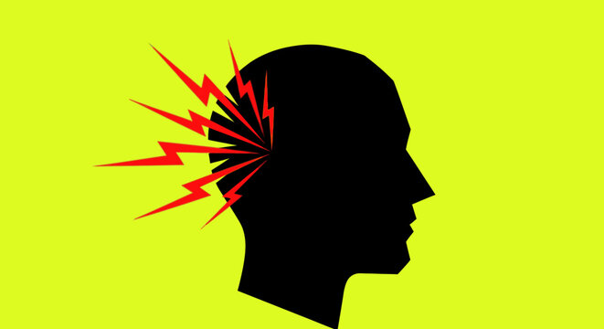 A stark silhouette of a human head against a vibrant yellow background, depicting intense pain, stress, or a powerful thought with radiating red lightning.