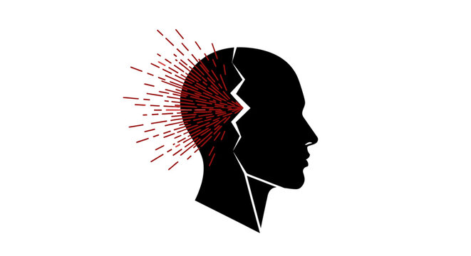 A stark silhouette of a human head, fractured and emanating explosive red lines, powerfully symbolizes intense mental anguish, stress, and psychological breakdown.