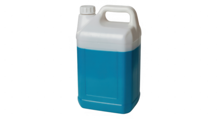 White plastic jerrycan with blue liquid and handle isolated on a transparent background