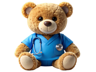 Professional Teddy Bear Doctor with Blue Scrubs and Stethoscope, Cute Character Toy, Transparent Background
