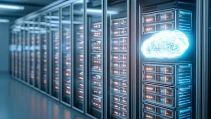 Digital Brain in Data Center: A futuristic depiction of a data center, highlighting the concept of digital intelligence, with a glowing brain graphic suggesting the processing power within. - Powered by Adobe