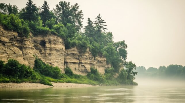 Eroded riverbanks reveal intricate patterns of sediment and rock formations with lush green trees and a calm river shrouded in mist