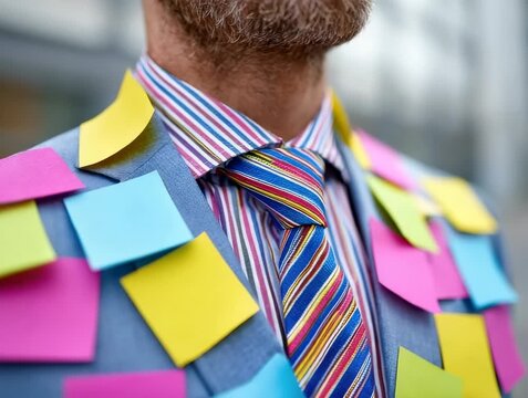 Creative office prank with colorful sticky notes on a business suit during a bright day