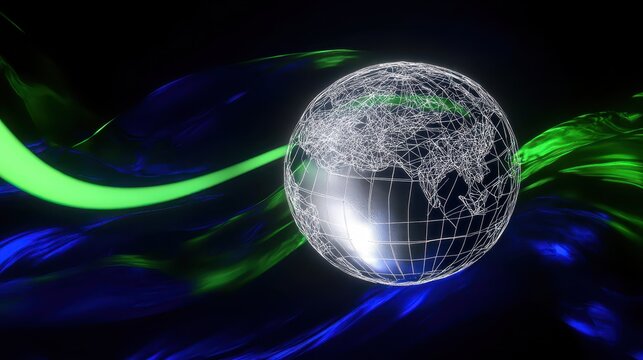 Gleaming silver wireframe model of Earth suspended against a dark background with vibrant green and blue light streaks - Powered by Adobe
