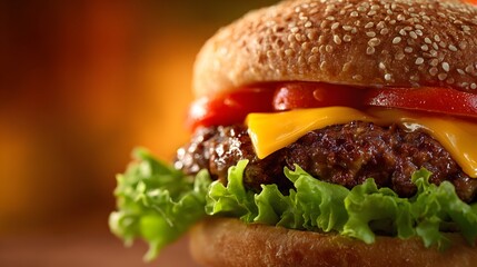 Flavorful gourmet cheeseburger stacked high with fresh ingredients is presented closely