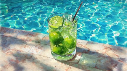 Refreshing lime drink by a pool