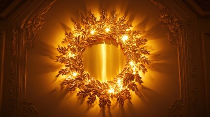 Golden Laurel Wreath Ornament with Lights on a Wall