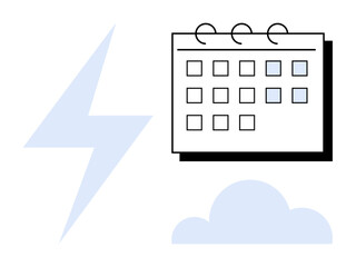 Lightning bolt, calendar with marked dates, and cloud. Ideal for weather, forecasting, planning, agility, workload management, scheduling adaptability and coordination in a simple flat metaphor