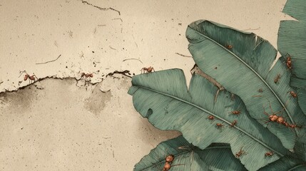 Ants on banana leaves atop a weathered wall