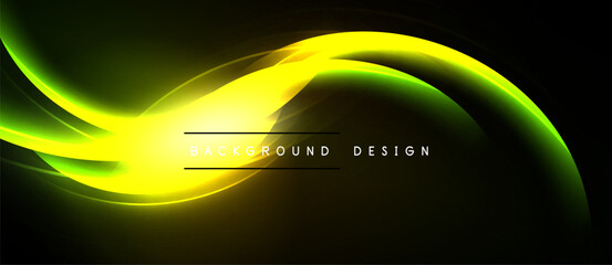 Abstract yellow, green light flows across black background. Modern design element for digital projects. Smooth curves create dynamic visual effect.