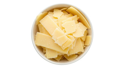 Parmigiano Reggiano cheese flakes in bowl isolated PNG, Italian hard cheese pieces for cooking and culinary use on transparent background
