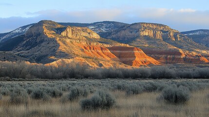 Landscape of layered geological strata under a bright sky