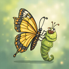 Cartoon butterfly caterpillar and cocoon