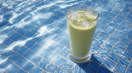 Green smoothie in glass, ice cubes, poolside