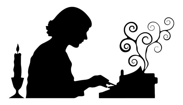 Silhouette of woman typing on typewriter with candle and swirl design