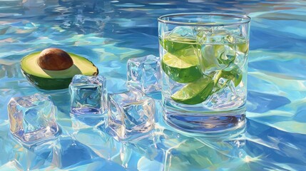 Vibrant still life of an avocado, ice cubes, and a refreshing drink on a shimmering surface