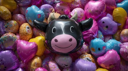 Cute cow balloon amidst colorful heart and animal balloons