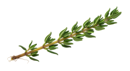 Fresh thyme sprig isolated PNG on transparent background, aromatic herb for cooking and culinary use, flavorful ingredient
