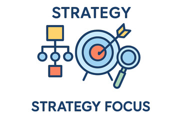 Strategy focus diagram with diagram, target, and magnifying glass icons  