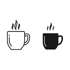 Two stylized icons of a steaming coffee cup one outlined and one solid black