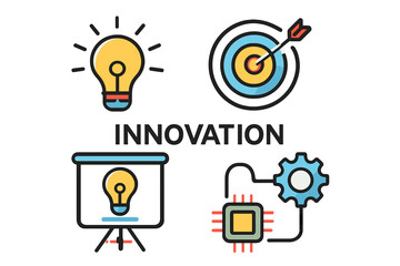 Innovation concept with lightbulb, target, presentation, and gears innovation dashboard icons