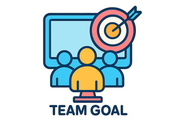 Team collaborating towards shared goal with target on screen team goal screen