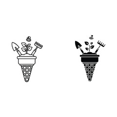 Creative ice cream cone filled with gardening tools and a sprout