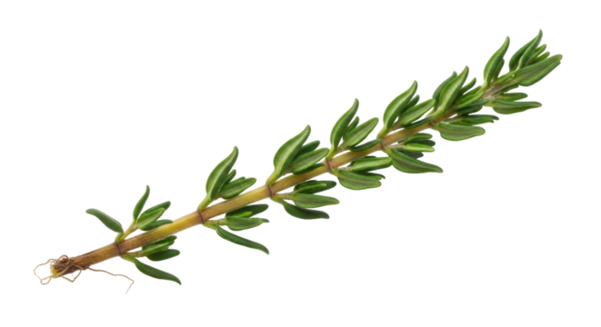 Fresh thyme sprig isolated PNG on transparent background, aromatic herb for cooking and culinary use, flavorful ingredient
