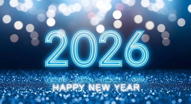 Happy new year 2026 celebration with glowing blue neon text and glitter bokeh background