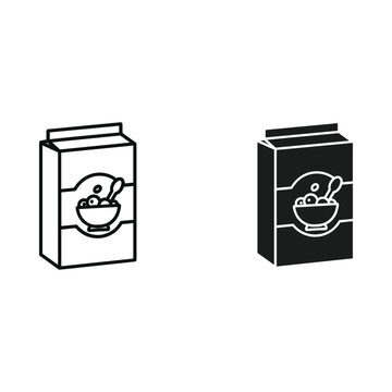 Two simple graphic icons representing a cereal box with a bowl of cereal and spoon