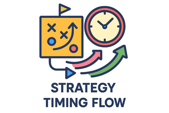 Strategy timing flow with diagram and clock in colorful design