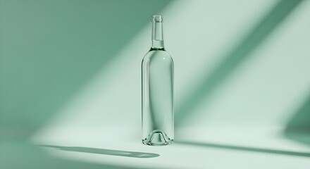 Elegant clear glass bottle casting shadow on mint green backdrop, perfect for showcasing cosmetic serums or minimalist design concepts, calm and serene