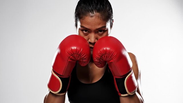 Intense Female Boxer Standing Guard With Red Boxing Gloves