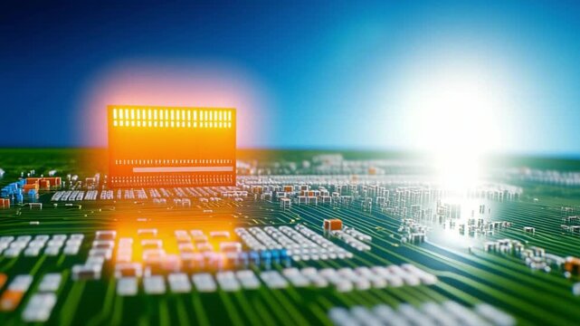 Digital Circuitry: A captivating view of the technological world, showcasing a close-up of a digital circuit board with a powerful light display.