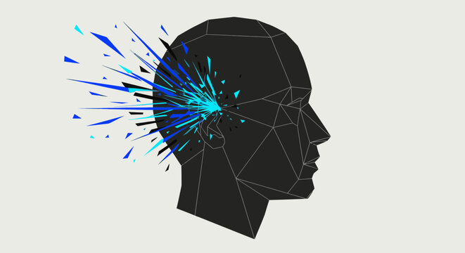 Abstract digital representation of a human head exploding into vibrant blue and cyan geometric shards symbolizing creativity and thought.
