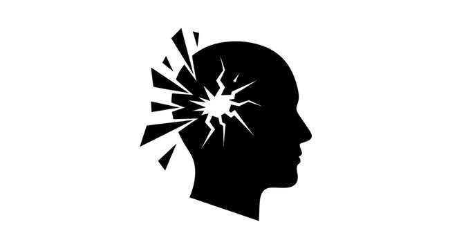 Silhouette of a human head exploding with bright light and sharp fragments symbolizing mental breakdown or intense thought.
